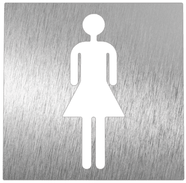 Un cartel de acero inoxidable con una silueta blanca de una mujer.