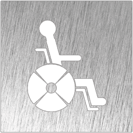 Un icono blanco de una persona en silla de ruedas sobre una superficie metálica.