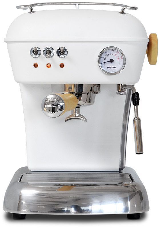 Una máquina de café expreso blanca con un indicador.