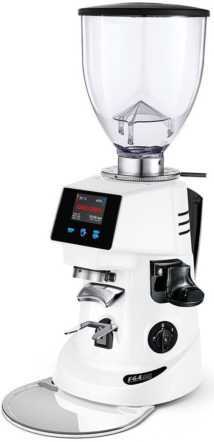 Un molinillo de café blanco con un recipiente transparente sobre un fondo blanco.