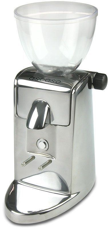 Un molinillo de café plateado con un recipiente transparente encima.
