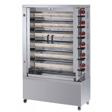 Un horno asador de pollos de acero inoxidable con ruedas sobre un fondo blanco.