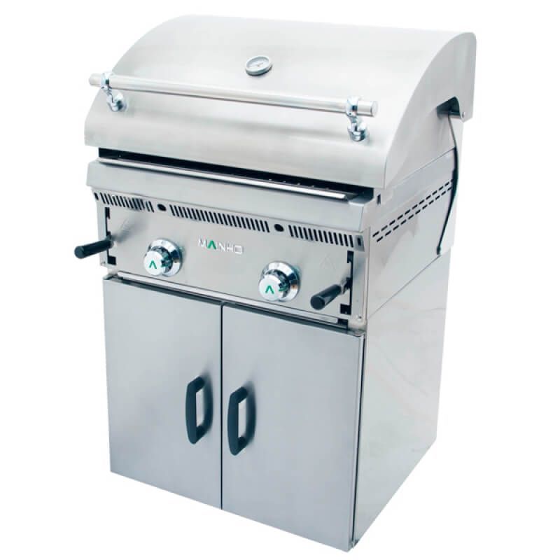 Una parrilla de acero inoxidable está colocada encima de un gabinete.