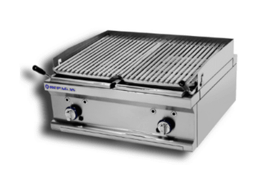 Una parrilla de acero inoxidable con dos perillas.