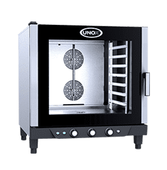 Un horno de convección con puerta de cristal y escalera.