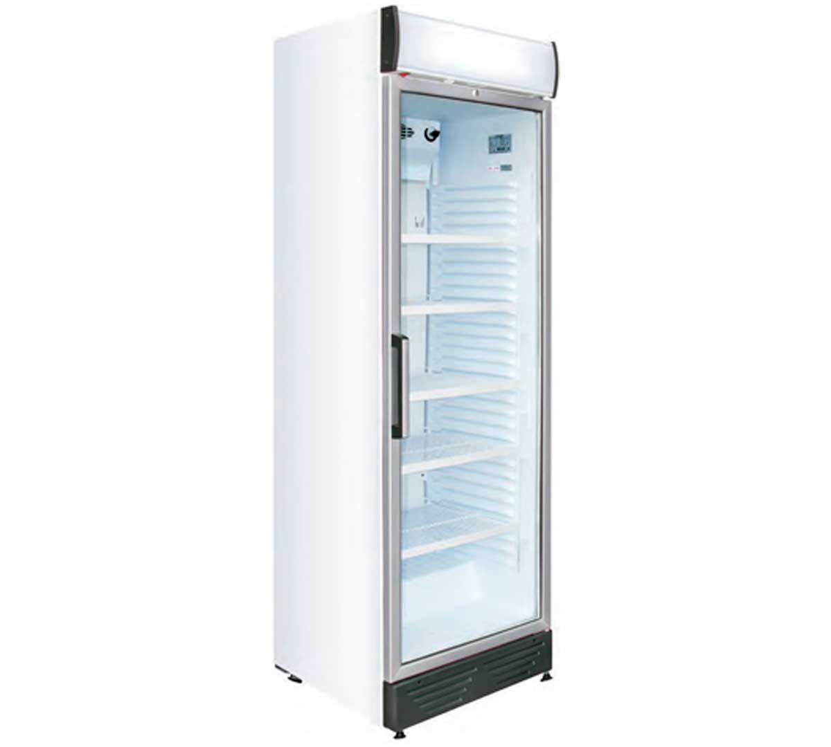 Un refrigerador blanco con puerta de vidrio y estantes.
