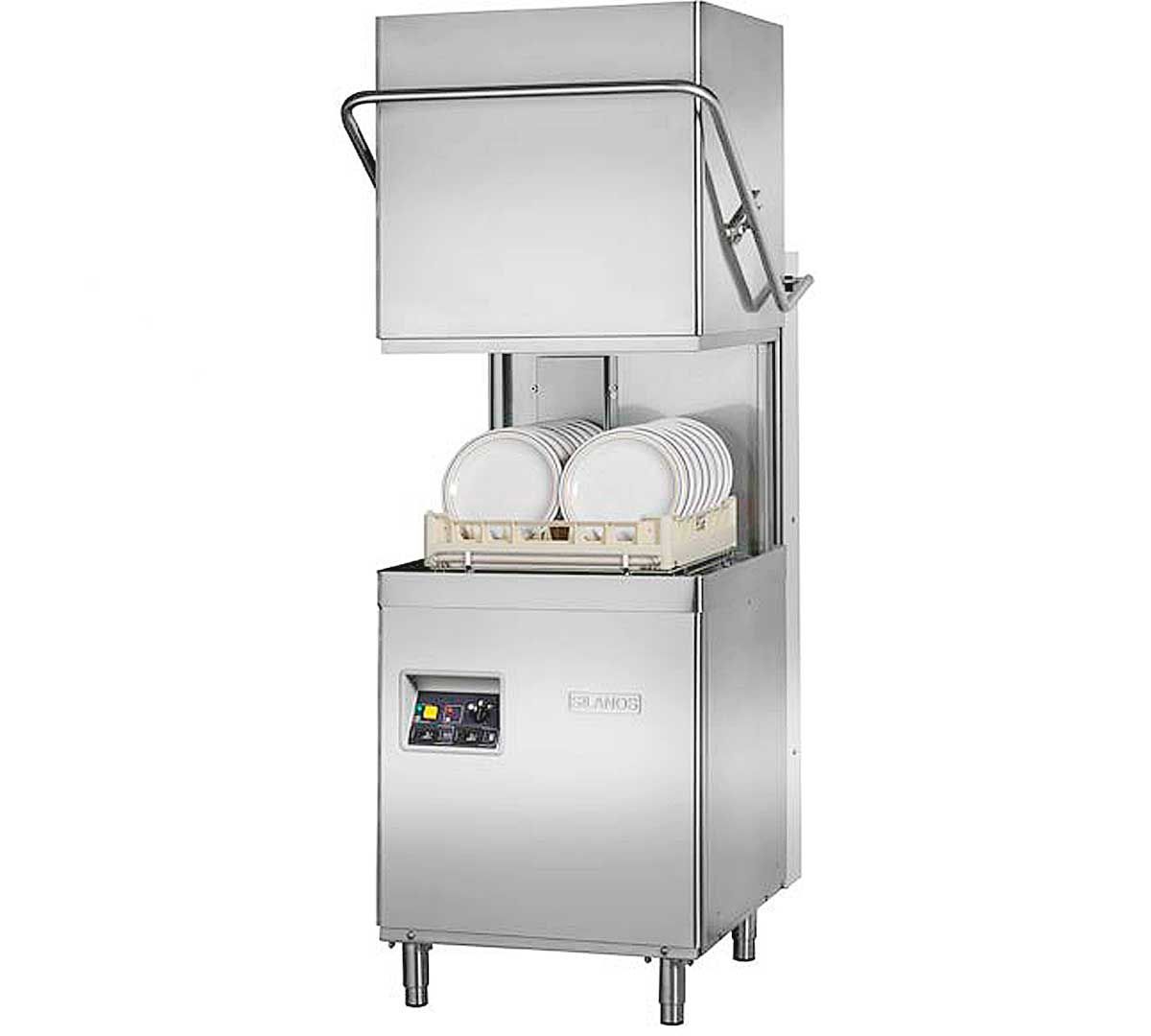 Un lavavajillas de acero inoxidable con platos en su interior.