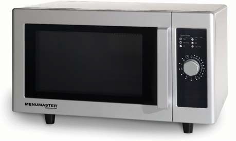 Un horno microondas plateado con la palabra menumaster en él