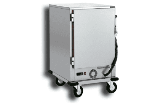 Un armario de acero inoxidable con ruedas y tirador.
