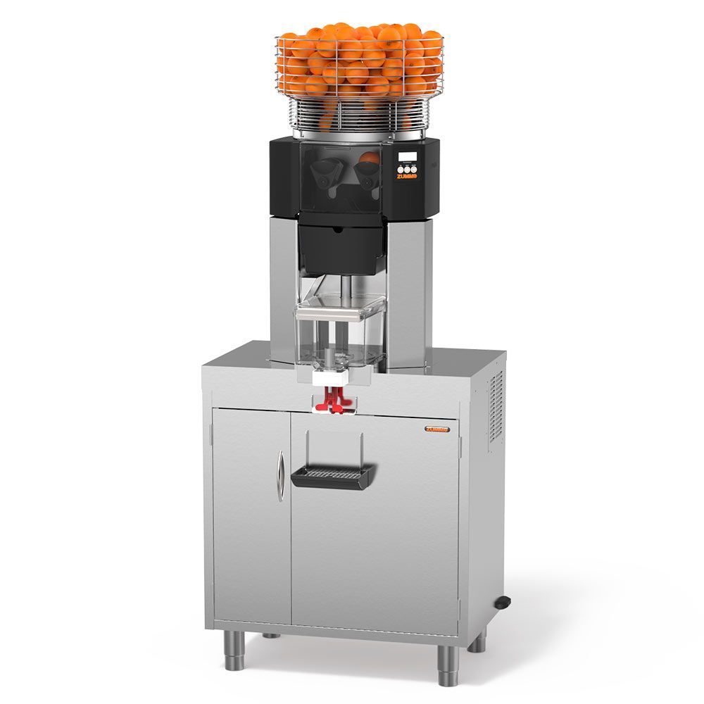 Una máquina de acero inoxidable con una cesta llena de naranjas encima.