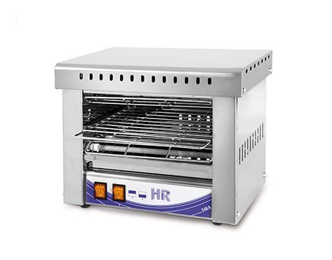 Un horno tostador de acero inoxidable sobre un fondo blanco.