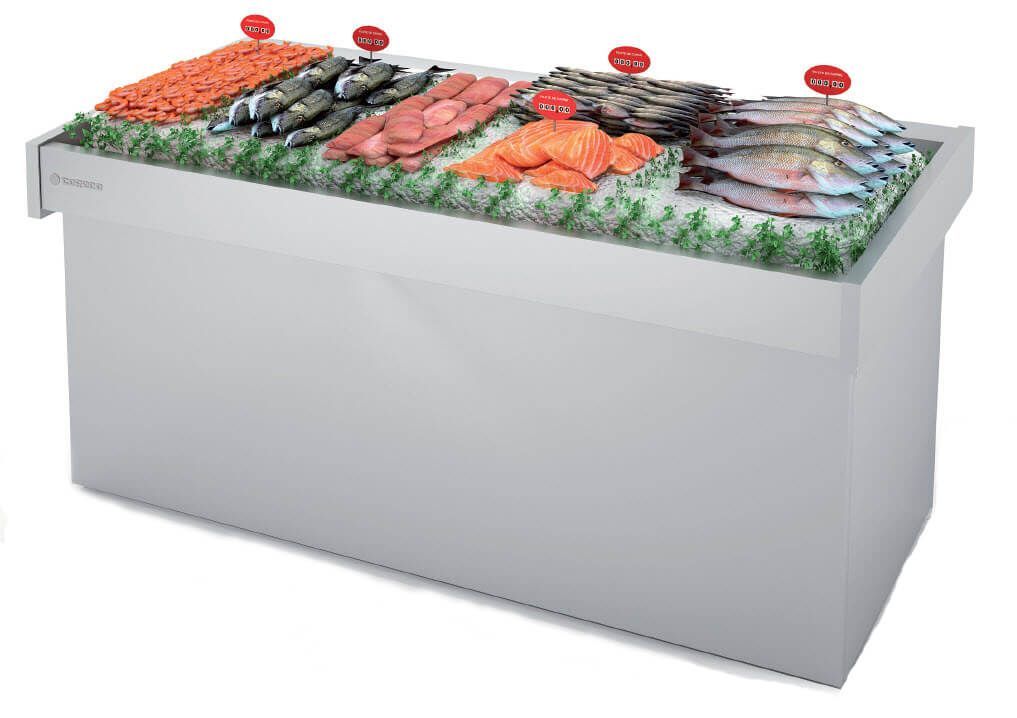 Una vitrina de acero inoxidable llena de pescado y carne.