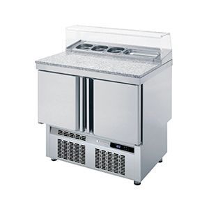 Un refrigerador de acero inoxidable con dos puertas y tapa de cristal.