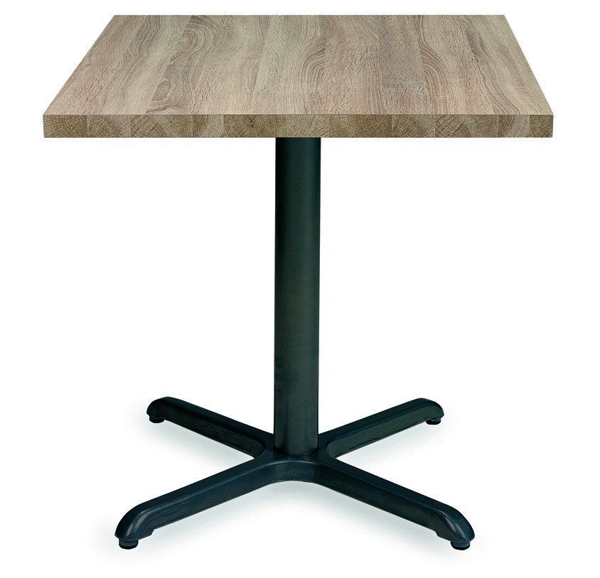 Una mesa pequeña con tapa de madera y base negra.