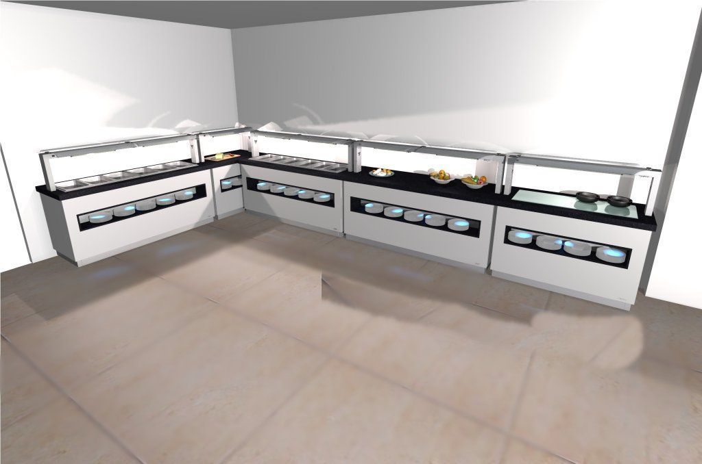 Una imagen generada por computadora de un área de buffet.