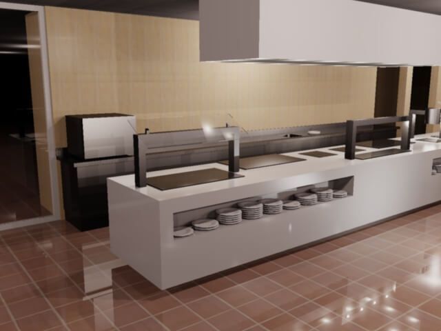 Una línea de buffet con platos y utensilios en ella