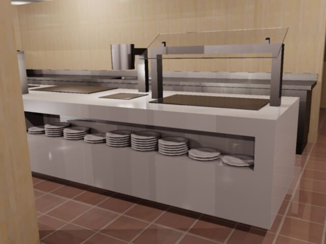 Una fila de platos están alineados en un mostrador en una cocina.