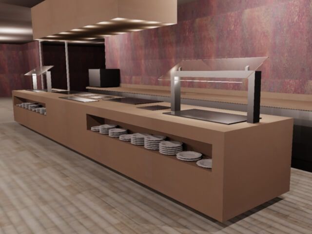 Una larga fila de buffet con platos y utensilios encima.