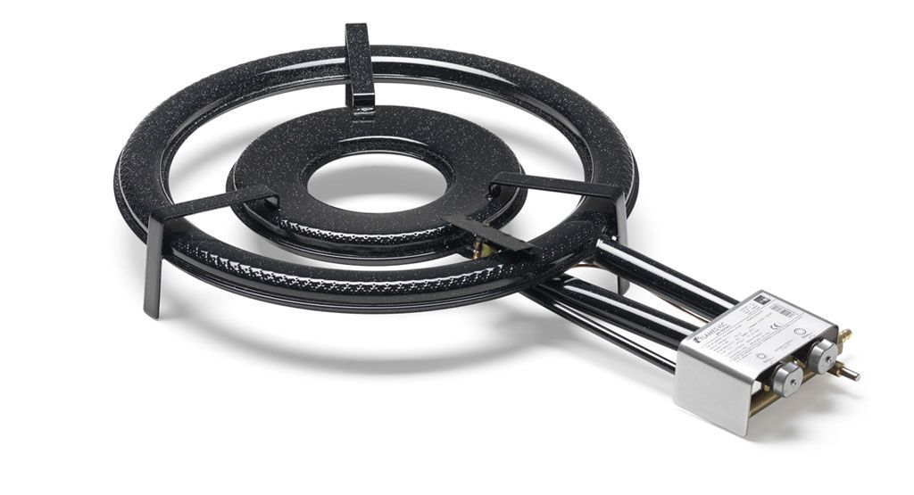 Una estufa con un quemador y un mango sobre un fondo blanco.