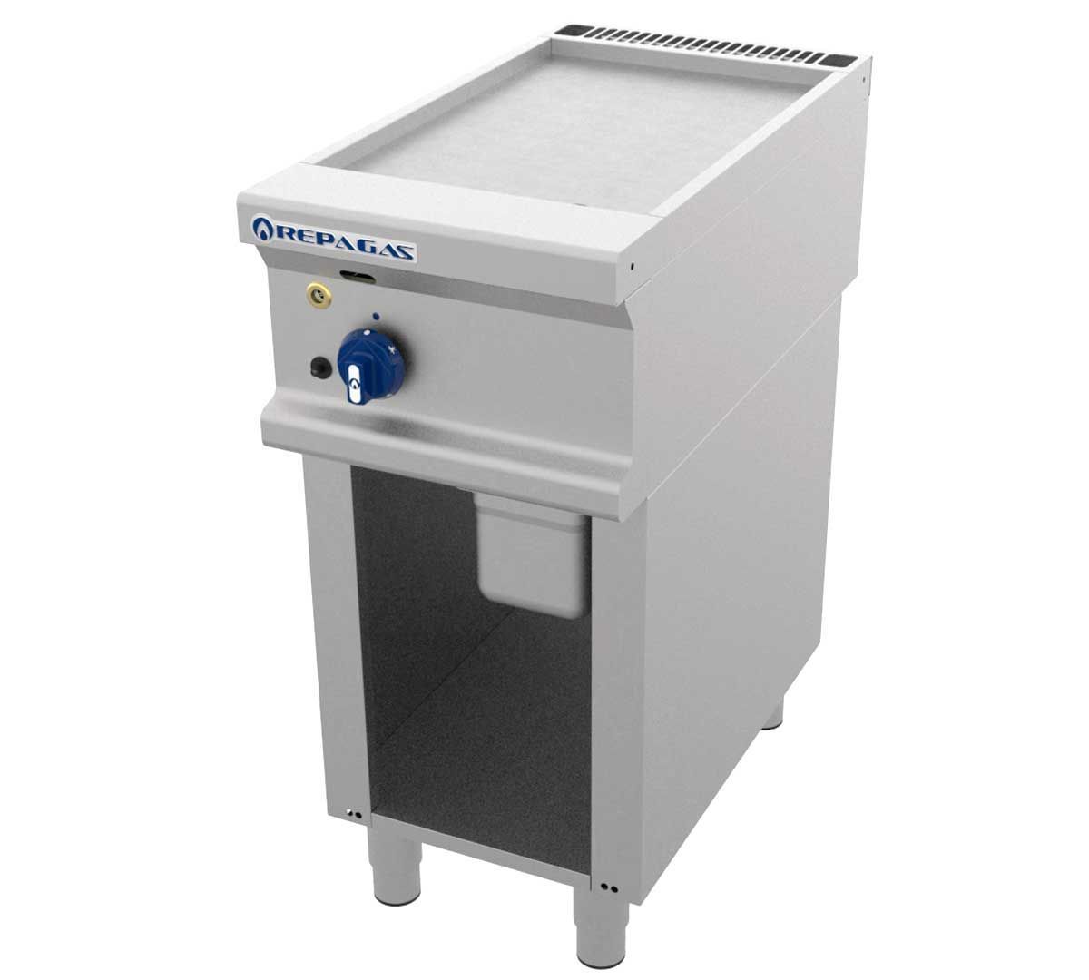 Una estufa de acero inoxidable con una perilla azul.