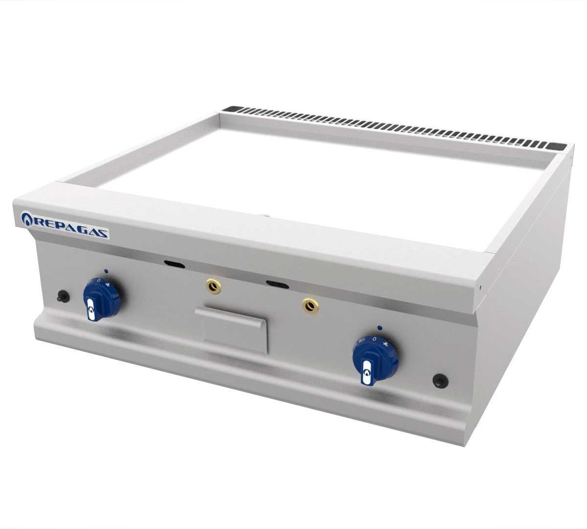 Una estufa blanca con dos perillas azules.