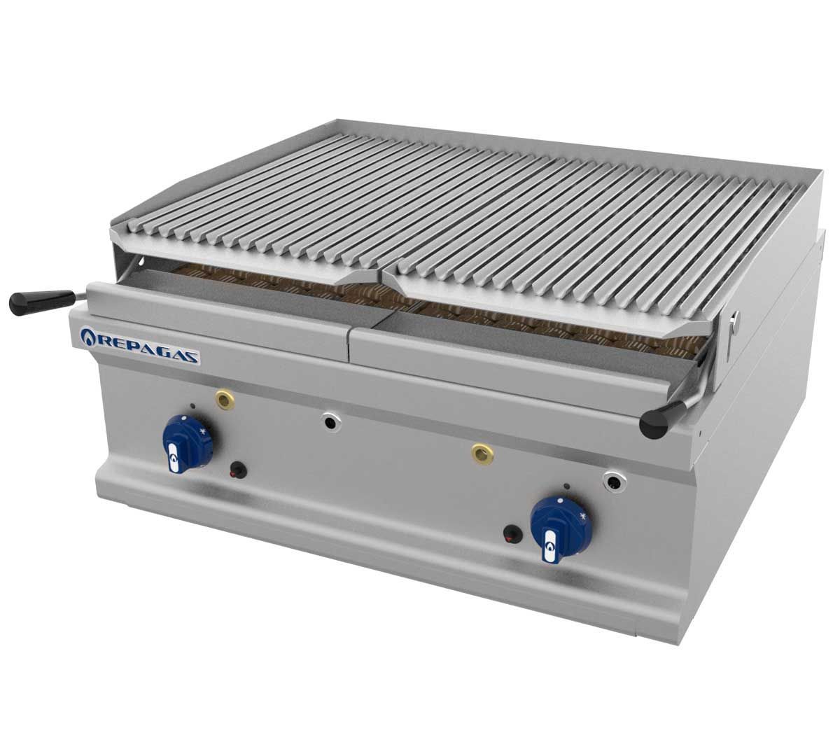 Una parrilla de acero inoxidable con dos perillas azules.