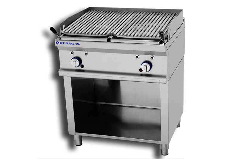 Una parrilla de acero inoxidable con un estante debajo.