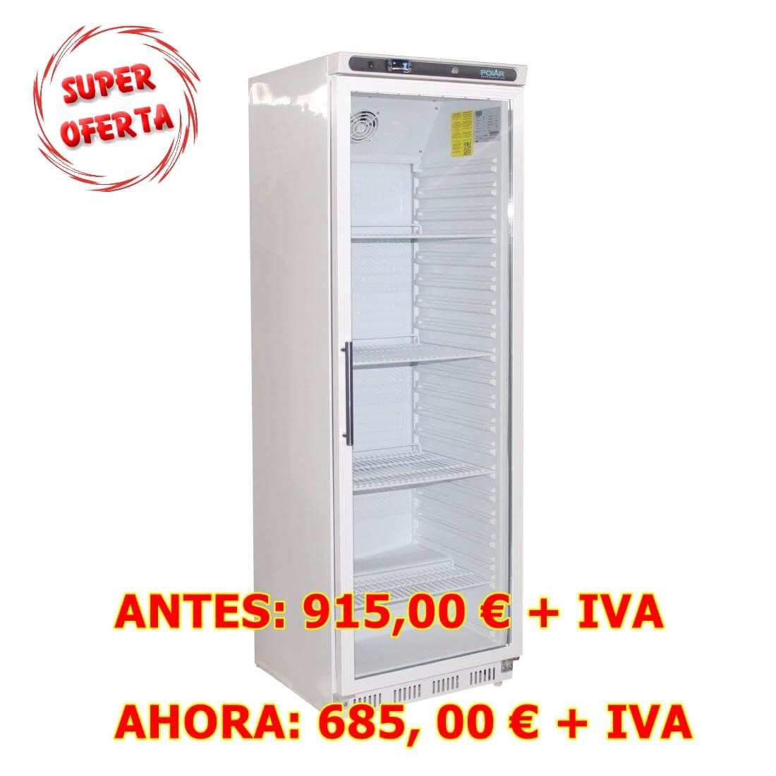 Un refrigerador super oferta con puerta de cristal.