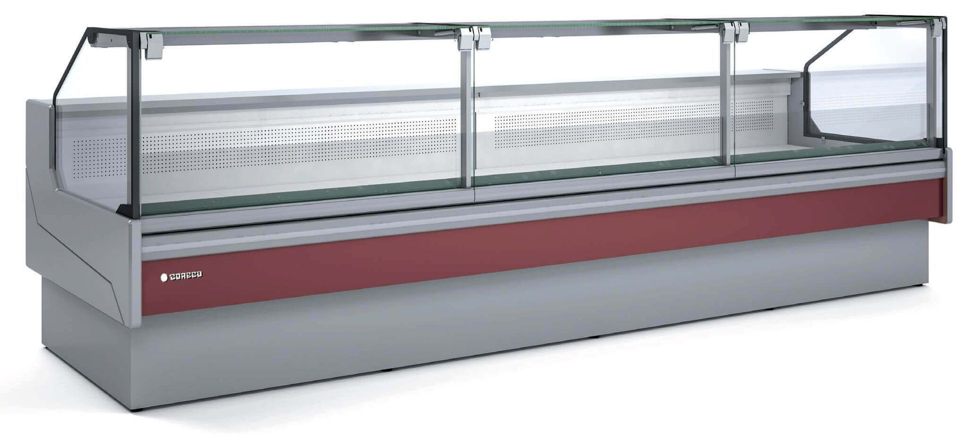 Una vitrina frigorífica larga con puerta de cristal.