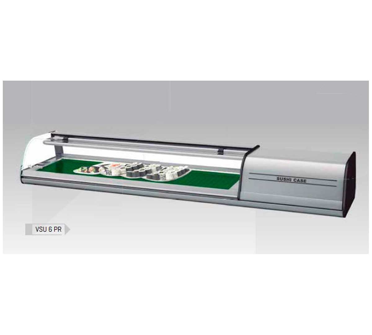 Una vitrina de sushi de acero inoxidable con puerta de vidrio y bandeja verde.