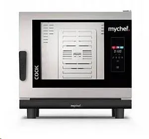 Un horno de acero inoxidable con pantalla digital sobre fondo blanco.