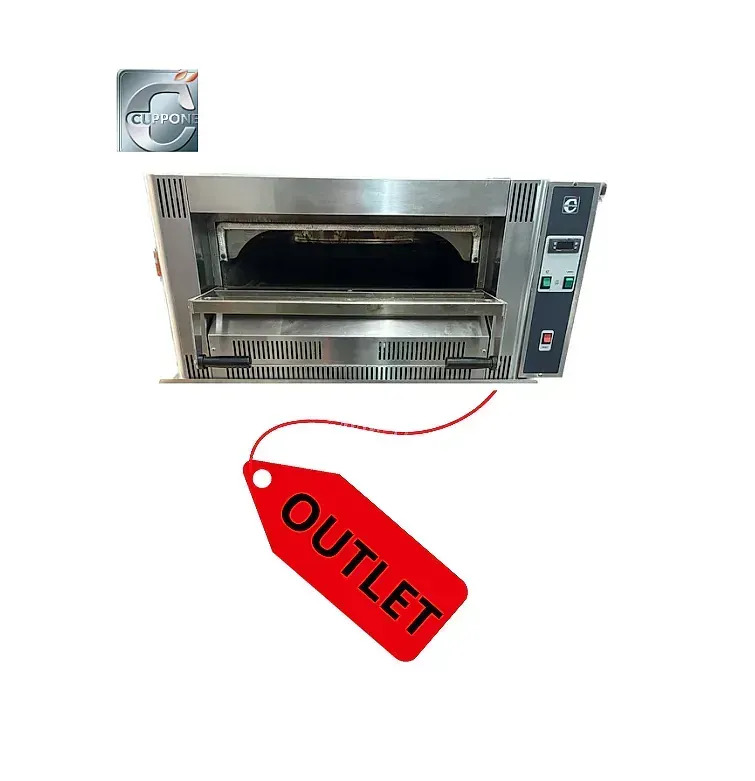 Un horno de acero inoxidable con una etiqueta de salida adherida a él.
