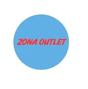 Un círculo azul con texto rojo que dice zona outlet