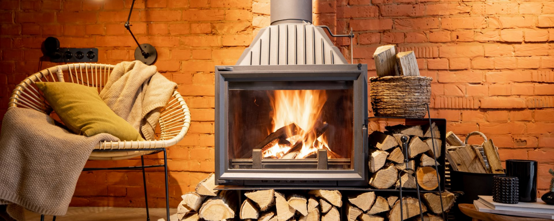 Pièce confortable avec une cheminée allumée, un fauteuil avec une couverture et un oreiller, et du bois de chauffage empilé.