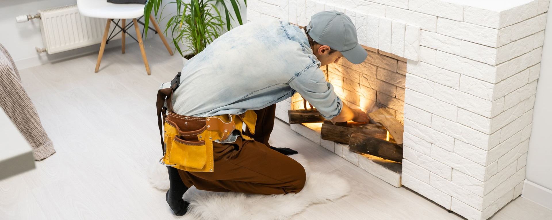 .Une personne, portant un chapeau et une ceinture à outils, s'occupe d'une cheminée allumée en briques blanches.
