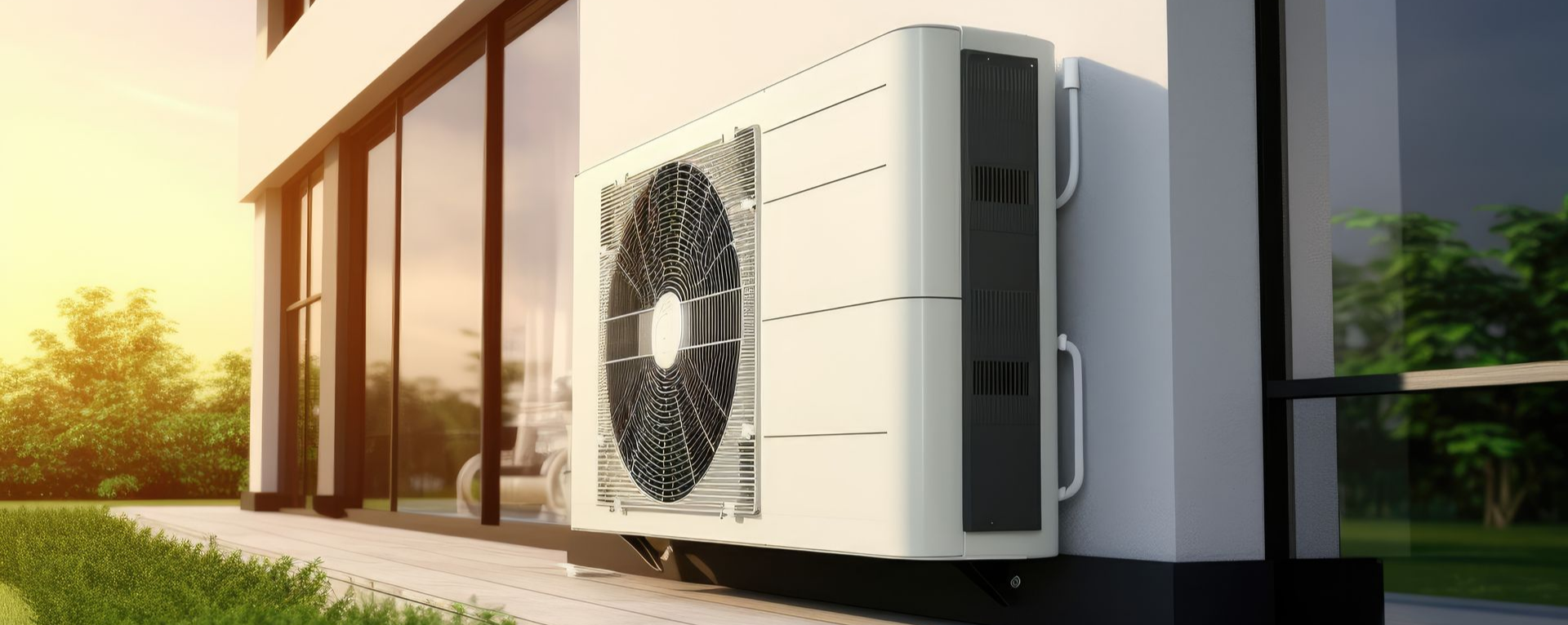 Unité de climatisation fixée sur un mur blanc d'une maison moderne, dans un cadre extérieur ensoleillé.