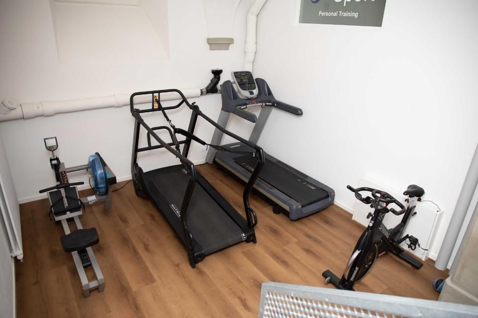Fitnessraum mit Rudermaschine, Laufband, gebogenem Laufband und stationärem Fahrrad auf Holzboden.