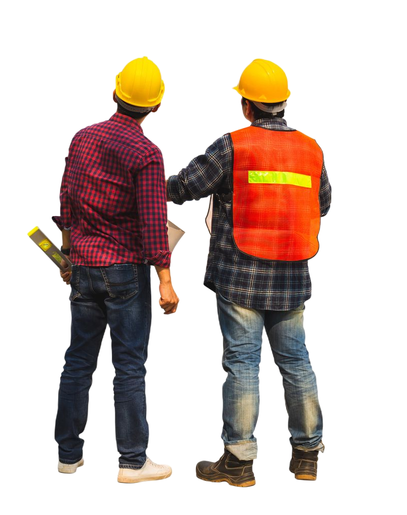 Deux ouvriers coiffés de casques jaunes et vêtus de tenues de chantier.