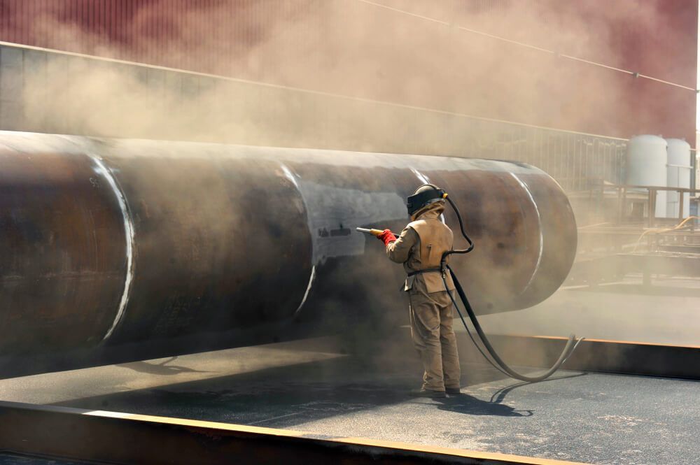 Personne en combinaison de protection procédant au sablage d'un grand réservoir métallique en extérieur.