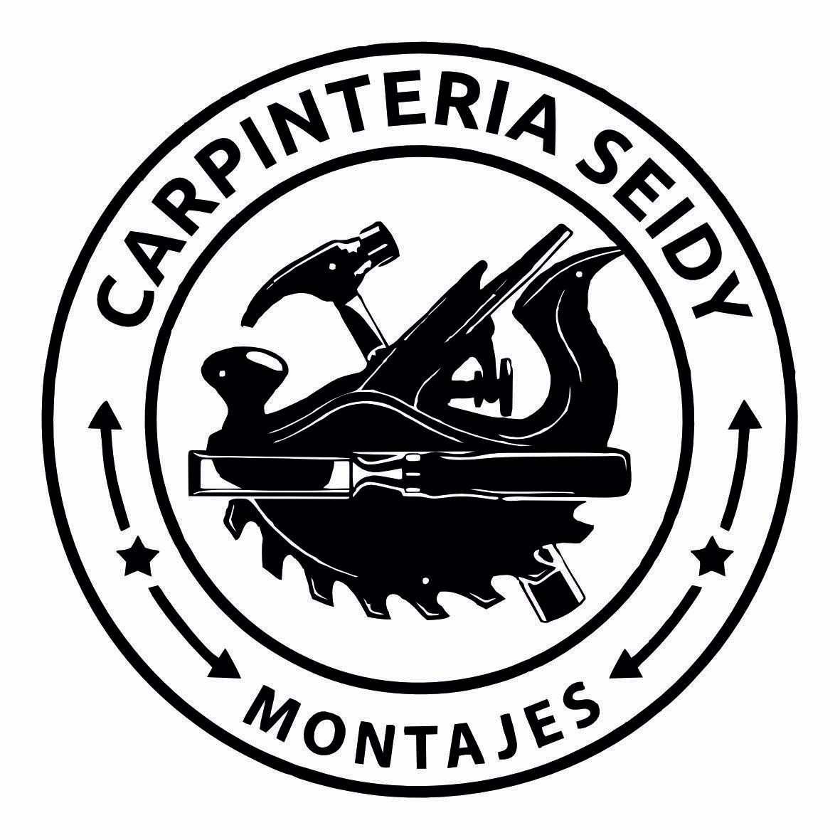 Logotipo en blanco y negro de Carpintería Seidy Montajes con una sierra de carpintería estilizada y texto circular.