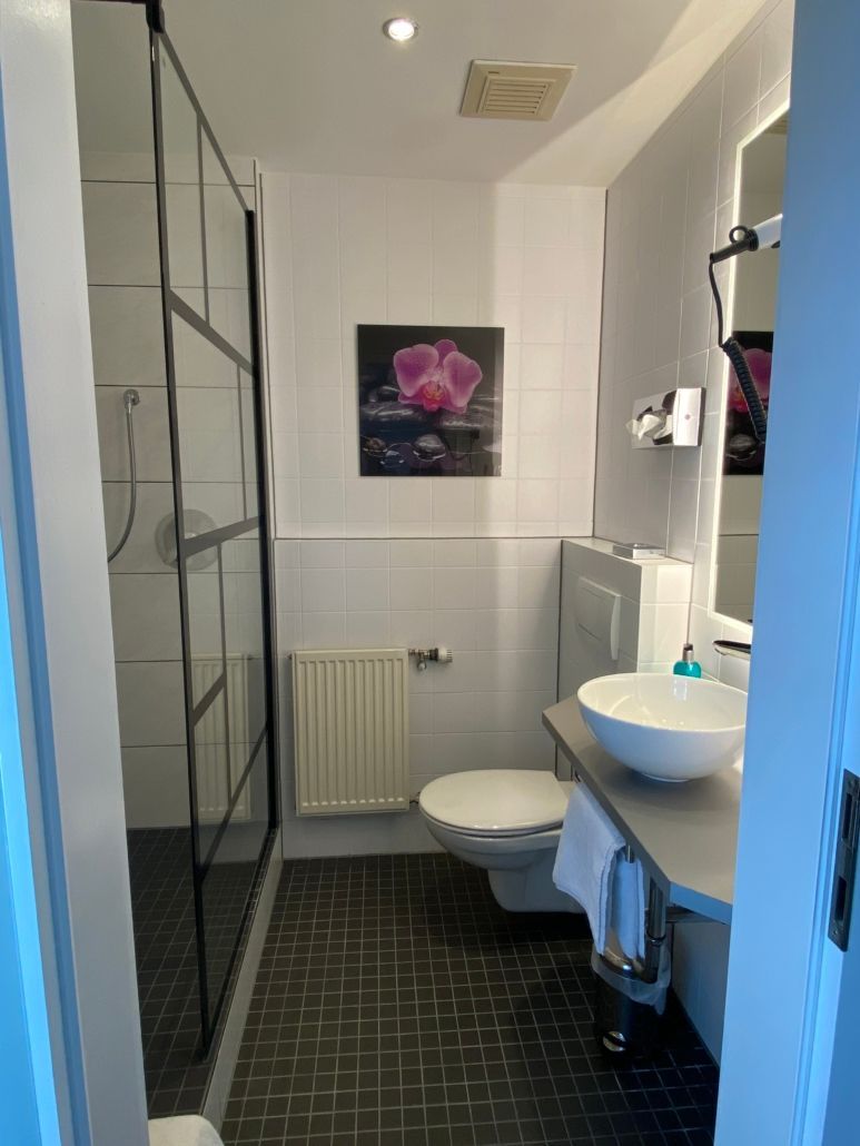 Kleines Badezimmer mit schwarz umrandeter Dusche, weißer Toilette, Waschbecken und Heizkörper.