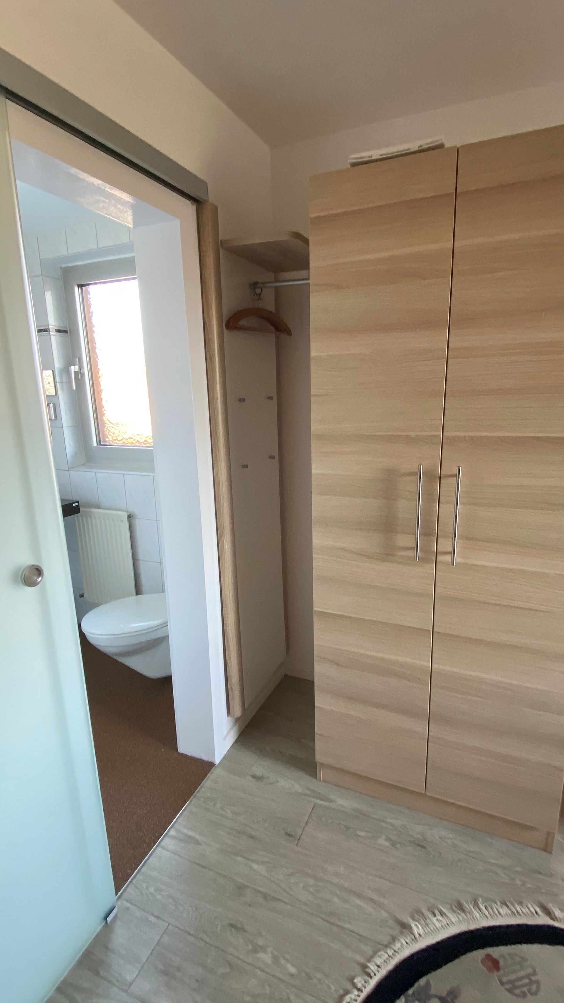 Kleines Zimmer mit Kleiderschrank, offener Tür zu einer Toilette und einem kleinen Teppich auf dem Boden.