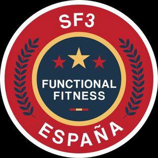 Insignia SF3 Functional Fitness con elementos rojos, dorados y azul marino; dice 