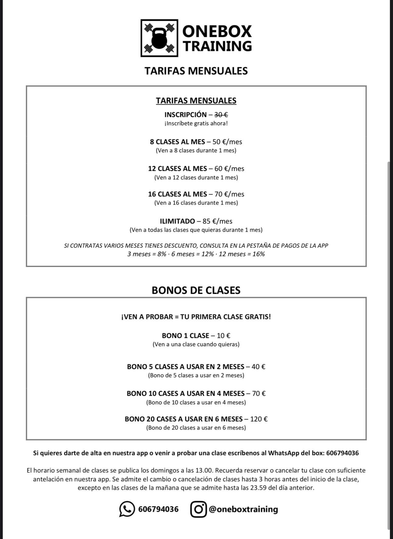 Programa de entrenamiento en blanco y negro de Onebox Training; incluye ejercicios como burpees y flexiones.