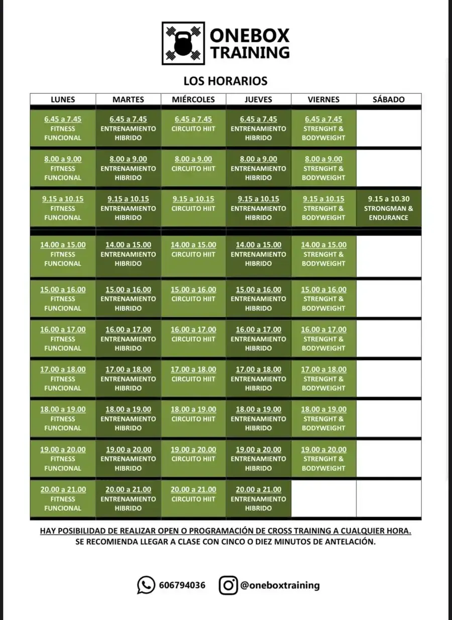 Cuadro de horarios de Onebox Training, con horarios diarios de entrenamiento en español.