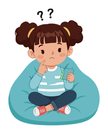 Niña sentada en un puf, con expresión de confusión, sosteniendo un bloc de notas. Signos de interrogación sobre la cabeza.