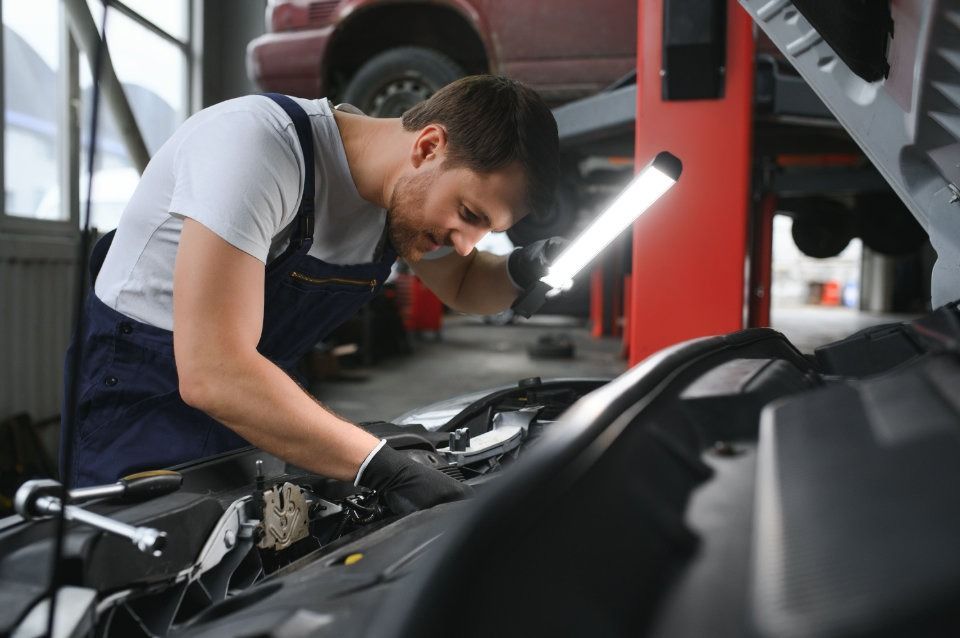 Un hombre está trabajando en el motor de un coche en un garaje.