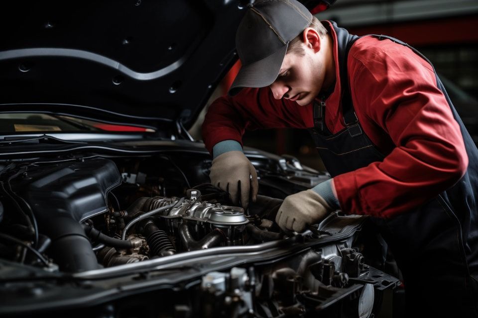 Un hombre está trabajando en el motor de un coche en un garaje.