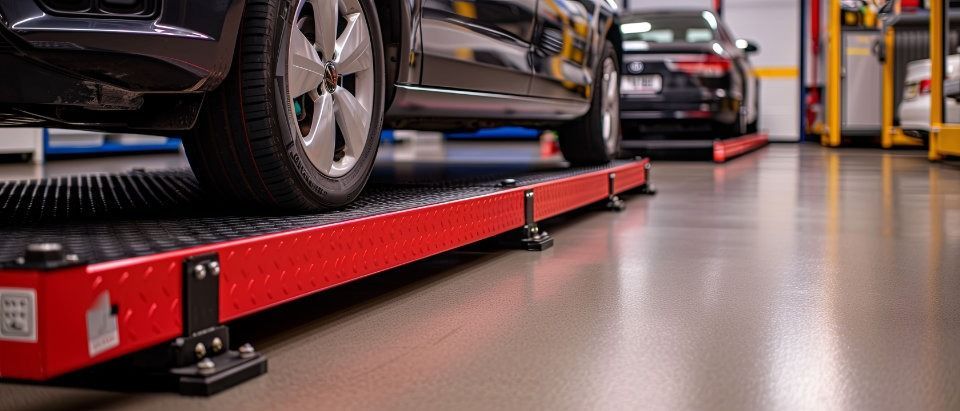 Un automóvil está estacionado encima de una cinta transportadora roja en un garaje.