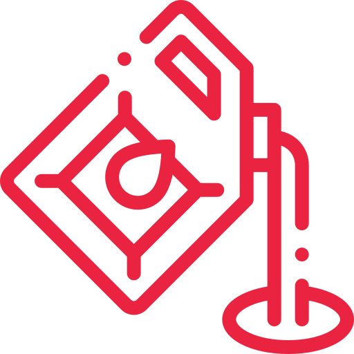 Un icono rojo de un cubo de líquido que se vierte en un círculo.